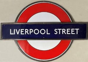 1930/40s London Underground enamel PLATFORM BULLSEYE SIGN from Liverpool Street station. The sign is