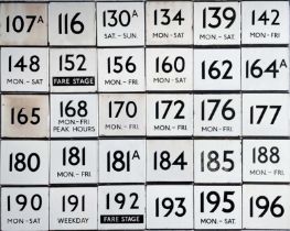 Large quantity (30) of London Transport bus stop enamel E-PLATES with Central Area route numbers