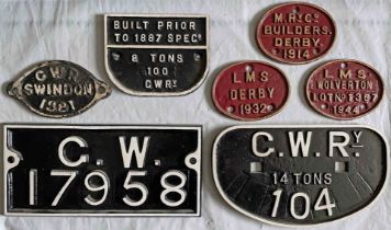 Selection (7) of cast-iron, railway WAGON PLATES comprising GWR Swindon 1881, GWR 'Built prior to