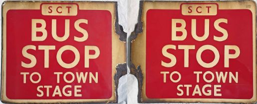 Southport Corporation enamel BUS STOP FLAG marked 'To Town' and 'Stage'. A double-sided sign