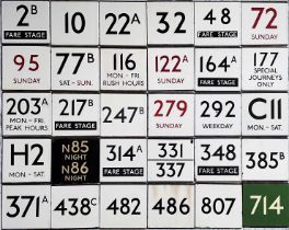 Large quantity (30) of London Transport bus stop enamel E-PLATES with a wide spread of route nos