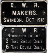 Pair of GWR cast-iron CRANE PLATES, the first is 'GWR Makers Swindon. Oct 1913' and the second '