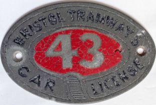c1895 Bristol Tramways CAR LICENSE (sic) PLATE from tram no 43. A brass plate with enamelled