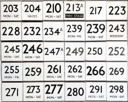 Large quantity (30) of London Transport bus stop enamel E-PLATES with Central Area route numbers