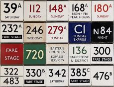 Large quantity (20) of London Transport bus stop enamel E-PLATES from across the network and