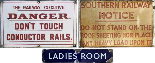 Selection (3) of railway ENAMEL SIGNS comprising BR(S) 'The Railway Executive. Danger, don't touch