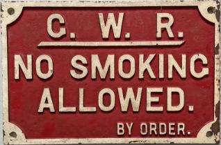 GWR cast-iron SIGN 'No Smoking allowed - by order'. Measures 17.5" x 11.5" (45cm x 29cm) and is in