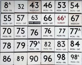 Large quantity (30) of London Transport bus stop enamel E-PLATES with Central Area route numbers