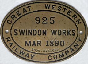 GWR brass, oval TENDERPLATE number 925, 3000 gallons, built at Swindon Works in March 1890. An