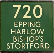 London Transport coach stop enamel E-PLATE for Green Line route 720 destinated Epping, Harlow,