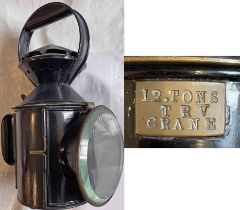 GWR 3-aspect HANDLAMP with brass plate '12 tons T R V Crane' (Travelling Crane). Embossed GWR on the
