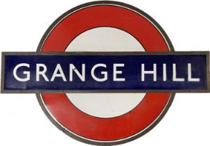 London Underground enamel PLATFORM BULLSEYE SIGN from Grange Hill station on the Hainault loop
