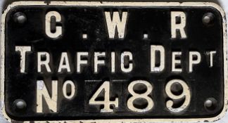 GWR cast-iron CRANE PLATE 'GWR Traffic Dept No 489'. Measures 10.5" x 6" (27cm x 15cm) and is in