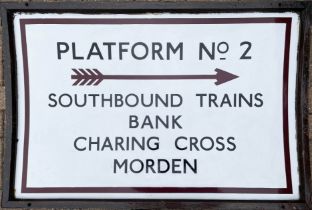 1920s London Underground enamel SIGN "Platform no 2, Southbound Trains, Bank, Charing Cross, Morden"