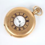 A George V 9ct gold half hunter pocket watch, the round white enamel dial with Roman numerals and