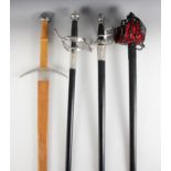 Four modern re-enactment swords, comprising a two handed broadsword, 112cm long overall, a rapier