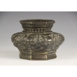 A Chinese archaic style bronze censer, 19th/20th century, of compressed octagonal form, decorated in
