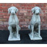 A pair of reconstituted stone garden ornaments, each modelled as a seated hound upon an integrated