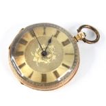 A 14ct gold open face fob watch, the circular engine turned dial with floral engraving to centre,