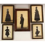 Three full length cut paper silhouettes, 19th century, depicting a lady, a gentleman and a young
