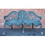 A 19th century style painted metal garden/patio bench, 20th century, of concave form, the central