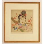 Elyse Ashe Lord (British, 1900–1971), Portrait of a geisha, Limited edition etching on paper with
