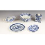 A selection of 18th century Chinese porcelain blue and white export wares comprising, a square