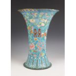 A Chinese Canton enamel vase, 19th century, for the Peranakan market, the vase of flared cylindrical