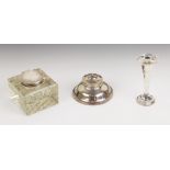 A George V silver mounted cut glass inkwell, of square form with canted corners and hobnail cut