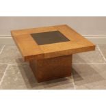 Two graduated contemporary burr veneer coffee tables, the square tops centred with an inset mirrored