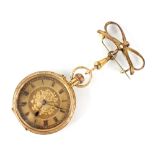 A lady's 18ct gold open face fob watch, the circular engine turned dial with engraved floral detail,
