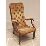 A Victorian mahogany framed and upholstered open armchair, the curved button back and seat, enclosed