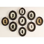 Nine portrait silhouettes, late 18th century, seven on plaster, two on paper, each depicting a