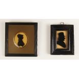 A reverse glass painted portrait silhouette, 19th century, depicting a lady in double frilled ruff