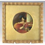 Continental school (19th century), A tondo portrait miniature depicting a lady in blue hat holding a
