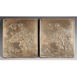 A pair of Japanese polished bronze plaques, Meiji Period (1868-1912), each of rectangular form and