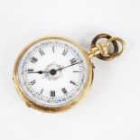 A 19th century continental 14ct gold lady's fob watch, the circular white enamel dial decorated with
