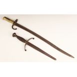 A French 1866 pattern Chassepot bayonet, the 57cm fullered yataghan blade set to a hooked quillon