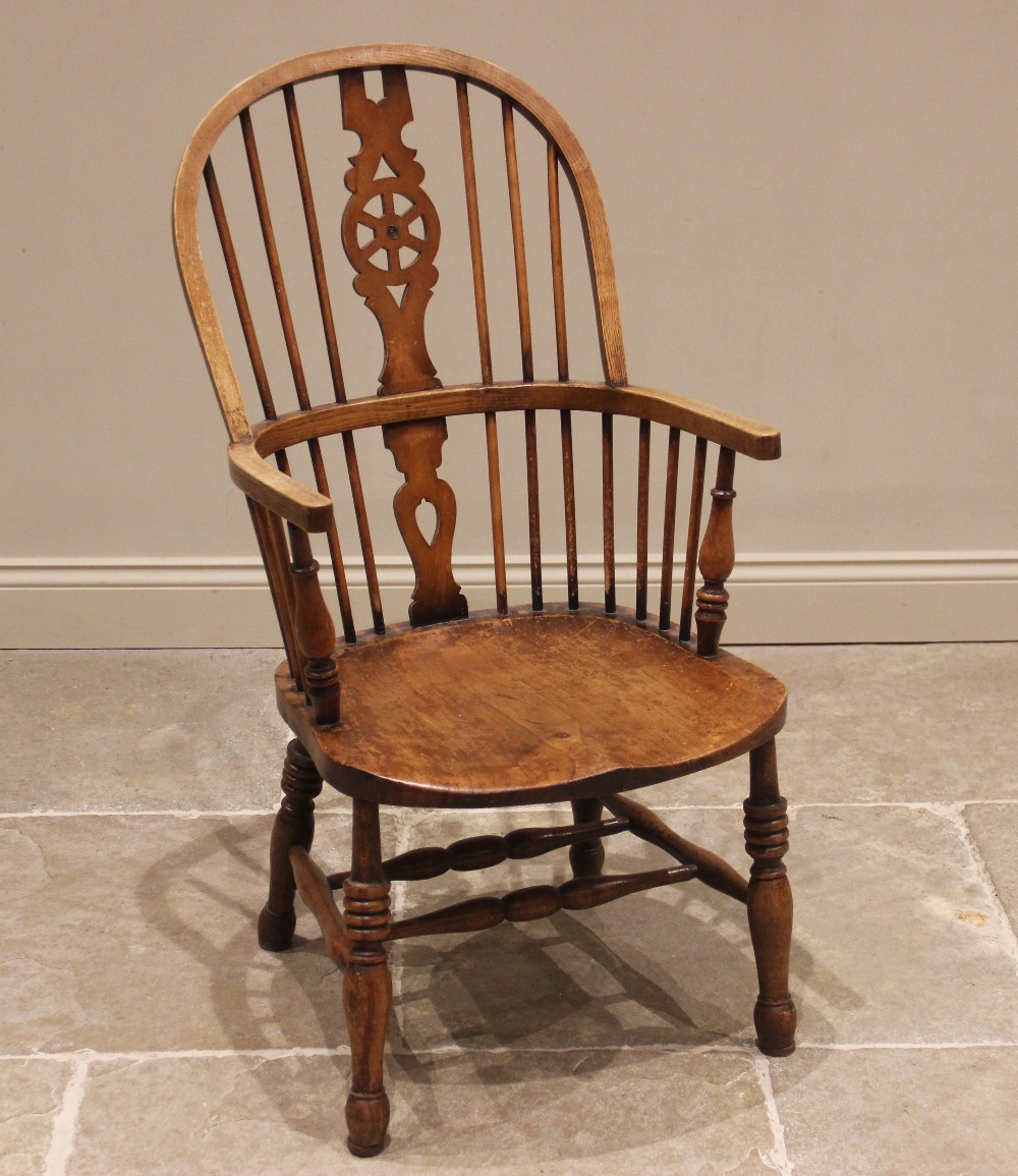 A 19th century style ash and beech wheel back Windsor elbow chair, 20th century, with a hoop back - Image 2 of 2