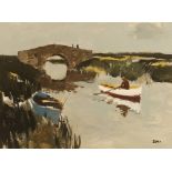 Donald McIntyre (British, 1923-2009), "Bridge And White Boat", Acrylic on board, Initialled lower