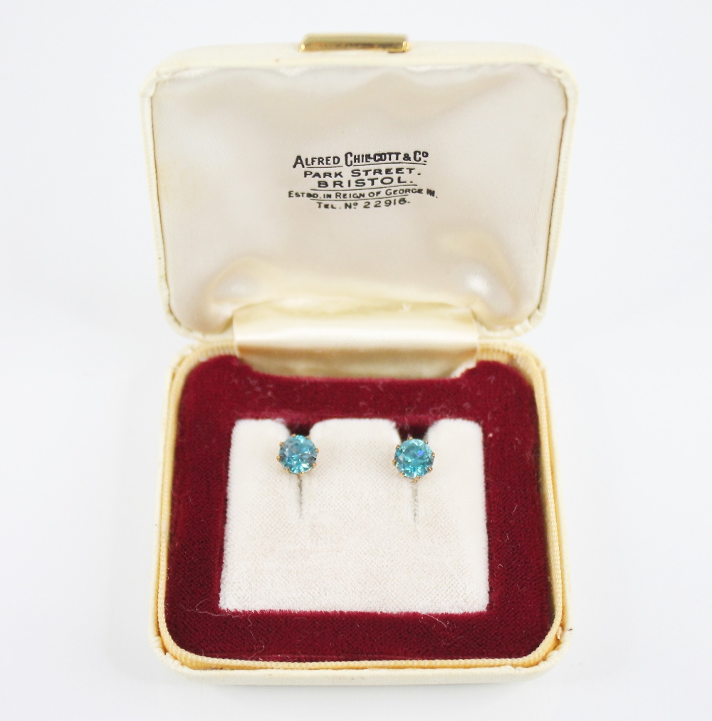 A pair of early 20th century blue zircon 9ct gold screw-back earrings, zircons 6.3mm diameter, - Image 2 of 3