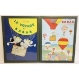 Two large Babar The Elephant prints, one reproducing the book cover art for "Babar Et Les
