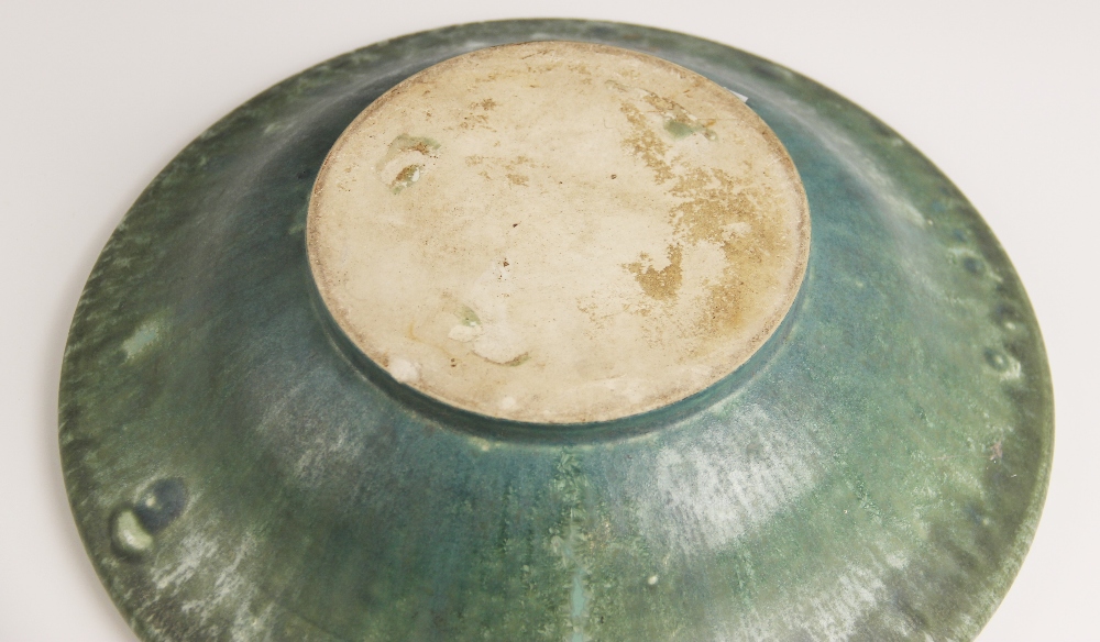 A studio pottery bowl, 20th century, of shallow flared form with rolled rim, the celadon green - Image 3 of 8