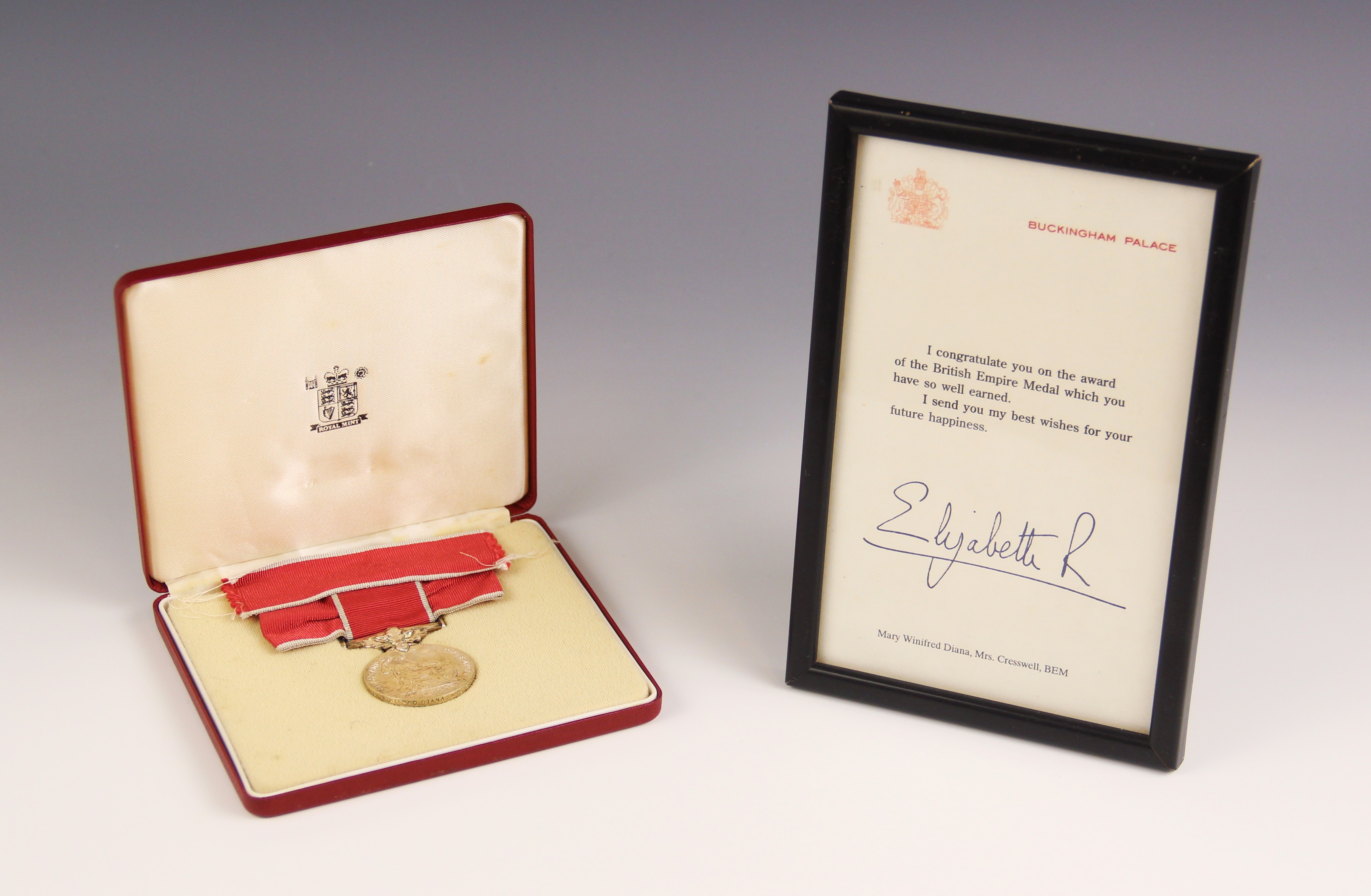 A post-war Civil Division EIIR British Empire Medal to Mrs Mary Winifred Diana Creswell, in original