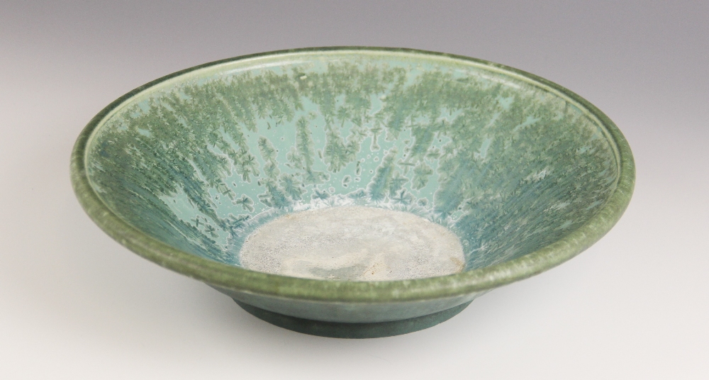 A studio pottery bowl, 20th century, of shallow flared form with rolled rim, the celadon green - Image 2 of 8