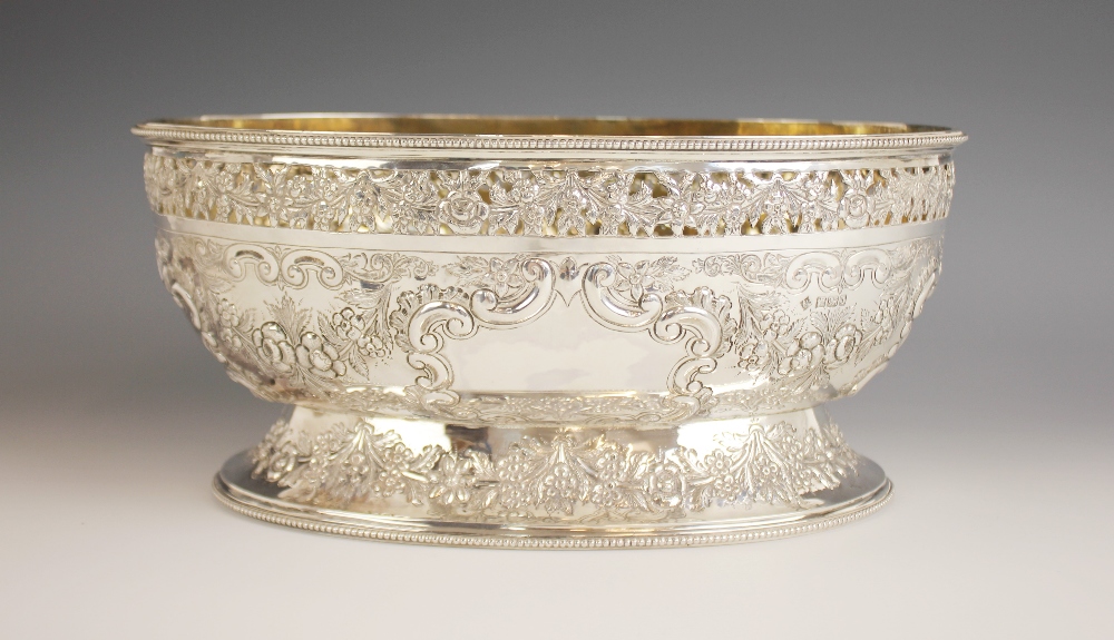 A late Victorian silver centrepiece dish, Martin, Hall & Co, Sheffield 1899, of oval form on