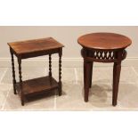 A contemporary hardwood occasional table, the moulded circular top above an openwork lattice frieze,