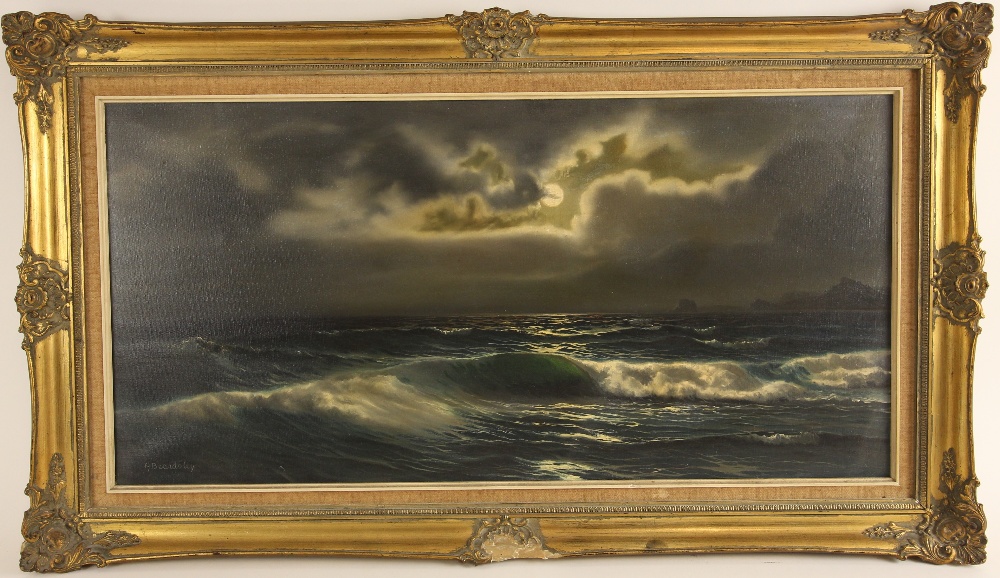 Arnold Beardsley (Britsh, 20th century), Moonlit waves, Oil on canvas, Signed lower left, 39cm x - Image 2 of 3