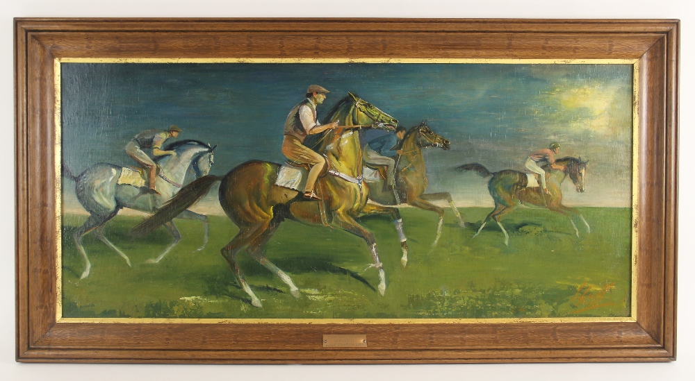 Leslie Simmonds Luff (British, 20th century), "Exercising Horses, Newmarket", Oil on board, Signed