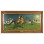 Leslie Simmonds Luff (British, 20th century), "Exercising Horses, Newmarket", Oil on board, Signed